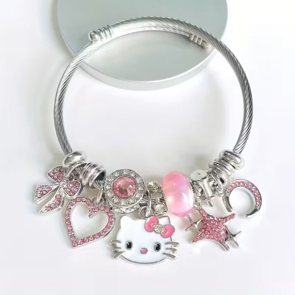 Pink Hello Kitty Charm Bracelet Moon Heart Bow Star Z445